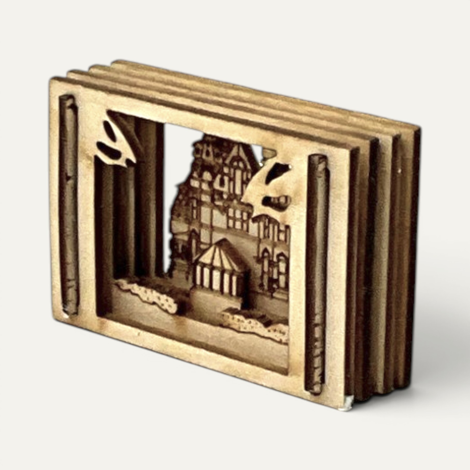 Angled view showing the 4 wood layers of the Mark Twain House Matchbox Miniature