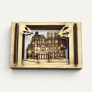 Front view of a layered wood Matchbox Miniature of the Mark Twain House, Hartford CT