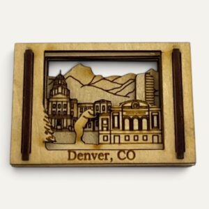 Denver, CO Matchbox Miniature, front view of a laser-cut wooden shadow-box scene with the state house, a bear and mountains